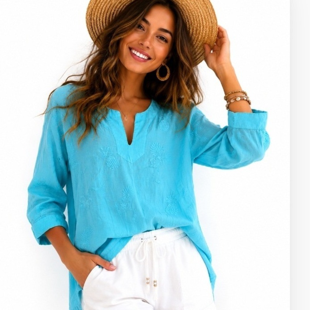 Sea Breeze USA Made Tunic Womens Large Blue Cotton Embroidered Pineapple  Top
